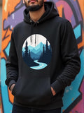 Men's Hoodie Winding River Among Snowy Mountains With Pine Trees And Full Moon Landscape