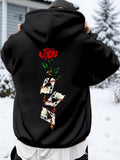 Men's Hoodie Elegant Red Rose With Scattered Petals And Twisted Ribbons Stem