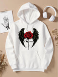 Women's Hoodie Red Rose With Black Wings Forming Delicate Artistic Mask