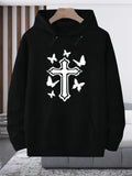 Men's Hoodie Butterflies Surrounding Ornate Cross On Night Black Hoodie