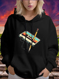 Women's Hoodie Retro Cassette Tape With Pencil Illustration Under Neon Sunset Sky