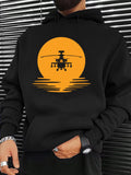 Men's Hoodie Silhouetted Helicopter With Orange Setting Sun Reflection Helicopter