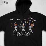 Men's Hoodie Dancing Skeletons With Pumpkins Surrounded By Stars Bats And Cats