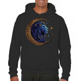 Men's Hoodie Golden Crescent Moon With Glowing Stars Illuminating A Blue Majestic Lion