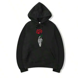 Men's Hoodie Embroidered Red Rose With White Leaf Motif Centered On Hoodie
