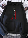 Men's Hoodie Vertical Red Lines With Hockey Text On Plain Black Hoodie