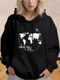 Women's Hoodie Adventure Awaits World Map With Airplane Journey Flight Path