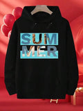 Men's Hoodie Bold Blue Lettering With Sunlit Beach Scenery Inside Summer