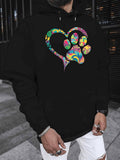 Men's Hoodie Colorful Floral Motifs With Heart Shaped Design Surrounding Cute Paw Print