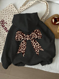 Women's Hoodie Chic Contrast Leopard Print Bow Accent Hoodie