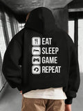 Men's Hoodie Eat Sleep Game Repeat With Iconic Gaming Motifs On Bold Black Hoodie