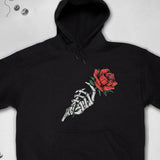 Men's Hoodie Red Rose Held By Skeleton Hand In Black Calm Atmosphere Hoodie
