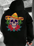 Men's Hoodie Colorful Roses Among Green Cactus With Festive Sombrero Skull