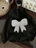 Women's Hoodie Elegant White Ribbon Motif On Cozy Black Hoodie Fabric Bow