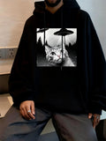 Men's Hoodie Surreal Night Forest With Mysterious UFO Lights And Curious Cat