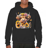 Men's Hoodie Playful Cow With Sunflowers And Blossoming Flowers Surrounded By Gentle Butterflies Cow