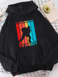 Men's Hoodie Vintage Striped Sunset Silhouette Graphic With Hockey Player Ice Hockey