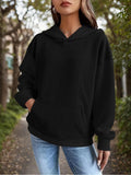 Women's Hoodie Textured Black Knit Pullover With Relaxed Fit Hooded Sweatshirt