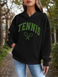 Women's Hoodie Vintage Green Lettering On Black Hoodie With Tennis Racket Graphic Tennis