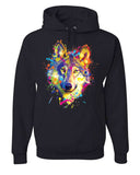 Men's Hoodie Vivid Colorful Neon Splashes Framing Majestic Fierce Lone Wolf Portrait Wolf