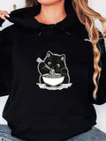 Women's Hoodie Adorable Black Cat Enjoying Ramen On Cozy Hoodie Cat