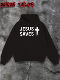 Men's Hoodie Jesus Saves White Cross Beside Bold Lettering Black Hoodie