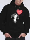 Men's Hoodie I Love You Red Heart Balloon Held By Smiling Cartoon Girl