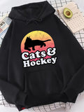 Men's Hoodie Cats And Hockey Silhouette Cat Over Sunset Hockey Theme