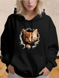 Women's Hoodie Curious Kitten Peeking Through Torn Paper Hole Cat