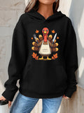 Women's Hoodie Autumn Leaves And Festival Utensils With Cheerful Thanksgiving Turkey