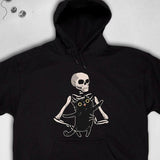 Men's Hoodie Skeleton Sitting Calmly With Wide Eyed Black Cat