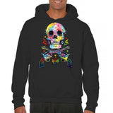 Men's Hoodie Vivid Neon Paint Dripping Among Crossed Pistols Under Skull
