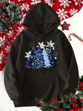 Women's Hoodie Starry Night With Snowy Blue Christmas Trees