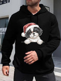 Men's Hoodie Festive Holiday Cheerful Dog Wearing Santa Hat Puppy
