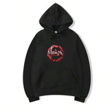 Men's Hoodie Red Circular Brushstroke With White Mountains Centered On Black Hoodie