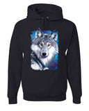 Men's Hoodie Electric Blue Night With Intense Stare Of Wild Wolf
