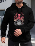Men's Hoodie Vibrant Pink Octopus Playing Drums Surrounded By Musical Rhythm Waves Octopus