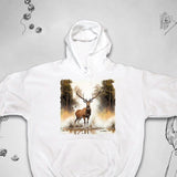 Men's Hoodie Golden Light Through Misty Forest With Majestic Standing Deer