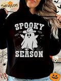 Women's Hoodie Spooky Season Cartoon Ghost With Bats Spiderwebs And Halloween Hat