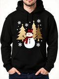 Men's Hoodie Sparkling Gold Trees Amid Festive Snowfall Smiling Snowman