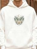 Men's Hoodie Crescent Moon With Blossoming Flowers And Green Leafy Foliage Owl
