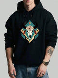 Men's Hoodie Geometric Symmetry With Ornate Colorful Patterns Under Tribal Bull Skull