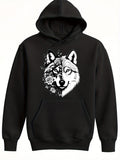 Men's Hoodie Floral Splitting Symmetry With Graceful Wild Wolf Face