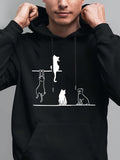 Men's Hoodie Playful Cats Sitting Hanging And Climbing On Simple White Lines Cat