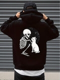 Men's Hoodie Under Starlit Night A Skeleton Facing A Calm Cat