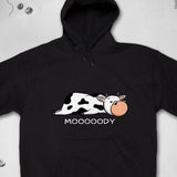 Men's Hoodie Moooody Cartoon Cow Lying Down With Soft Pink Nose Black Hoodie