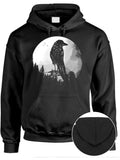 Men's Hoodie Full Moon Shining Silhouetted Forest With Perched Raven Surrounded By Mist Raven