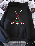 Men's Hoodie Winter Holiday Red Striped Hockey Sticks With Green Leafs And Puck