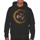Men's Hoodie Mystical Golden Crescent Moon With Stars Framing Majestic Wild Tiger