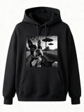 Men's Hoodie Surreal Landscape Featuring Flying Saucers Over Boston Terrier Dog